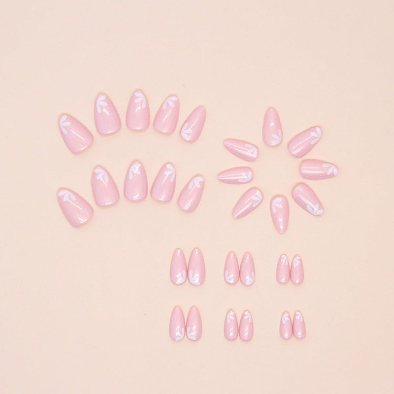 CTTHNBD Short Press Almond Pink False Nails with Cute Flower Design - Glitter Acrylic Glossy Full Cover Glue on Shiny Artificial Nails for Women's Manicure - 30Pcs - Image 3